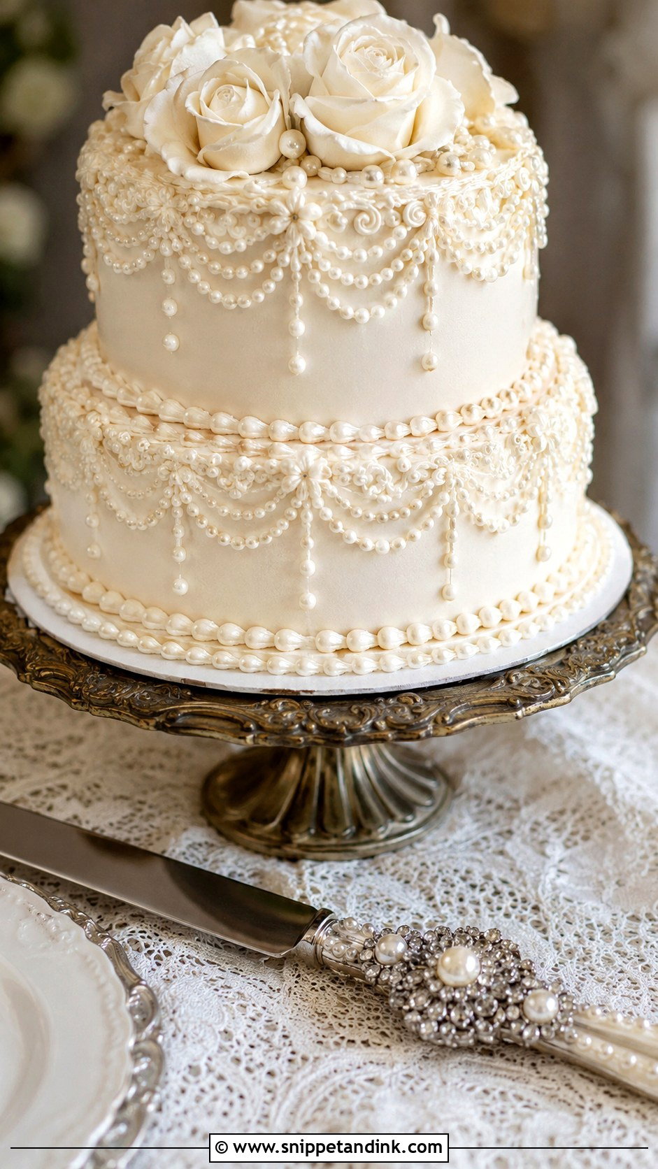 Brooch Wedding Cake Knife With Vintage Pearl Cake - Snippet and Ink - 30 Wedding Cake Knife Decoration Ideas