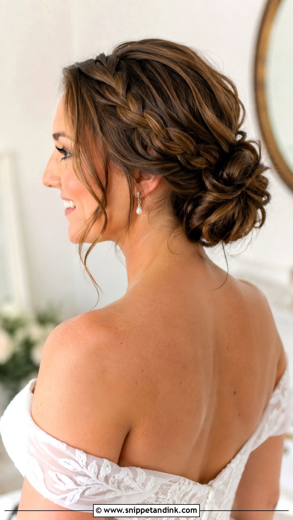 Brown Hair Braided Low Bun Wedding Updo - Snippet and Ink - 20 Brown Hair Wedding Updo Ideas