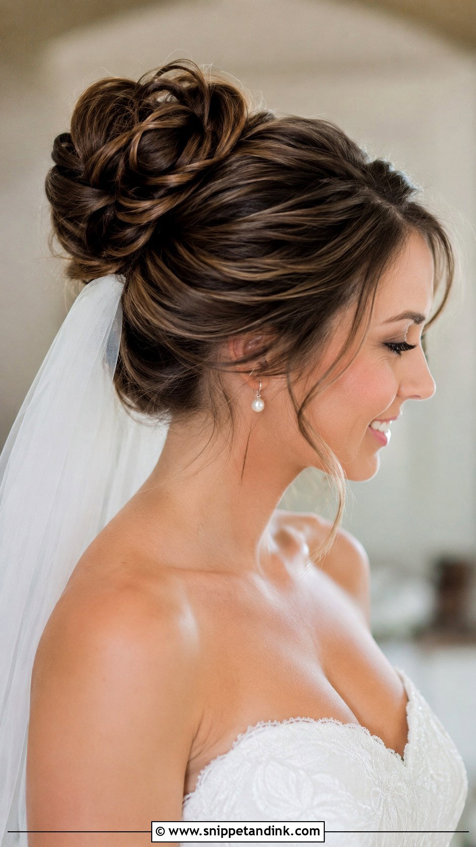 Brown Hair High Bun Wedding Updo - Snippet and Ink - 20 Brown Hair Wedding Updo Ideas