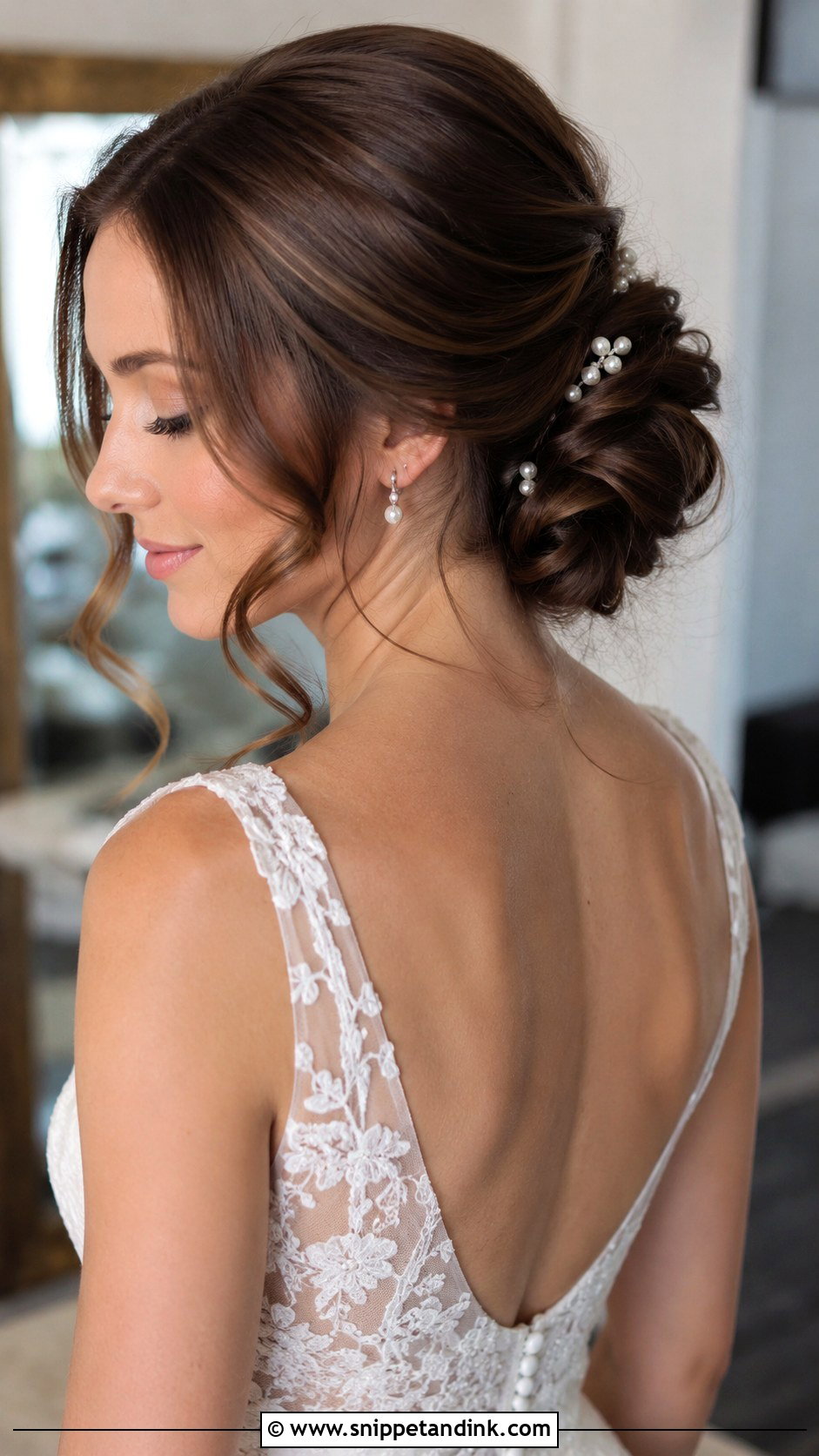 Brown Hair Low Bun Wedding Updo - Snippet and Ink - 20 Brown Hair Wedding Updo Ideas