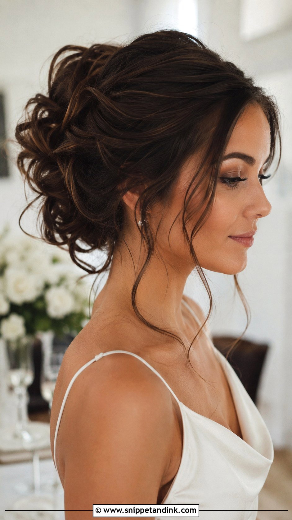 Brown Hair Messy Bun Wedding Updo - Snippet and Ink - 20 Brown Hair Wedding Updo Ideas