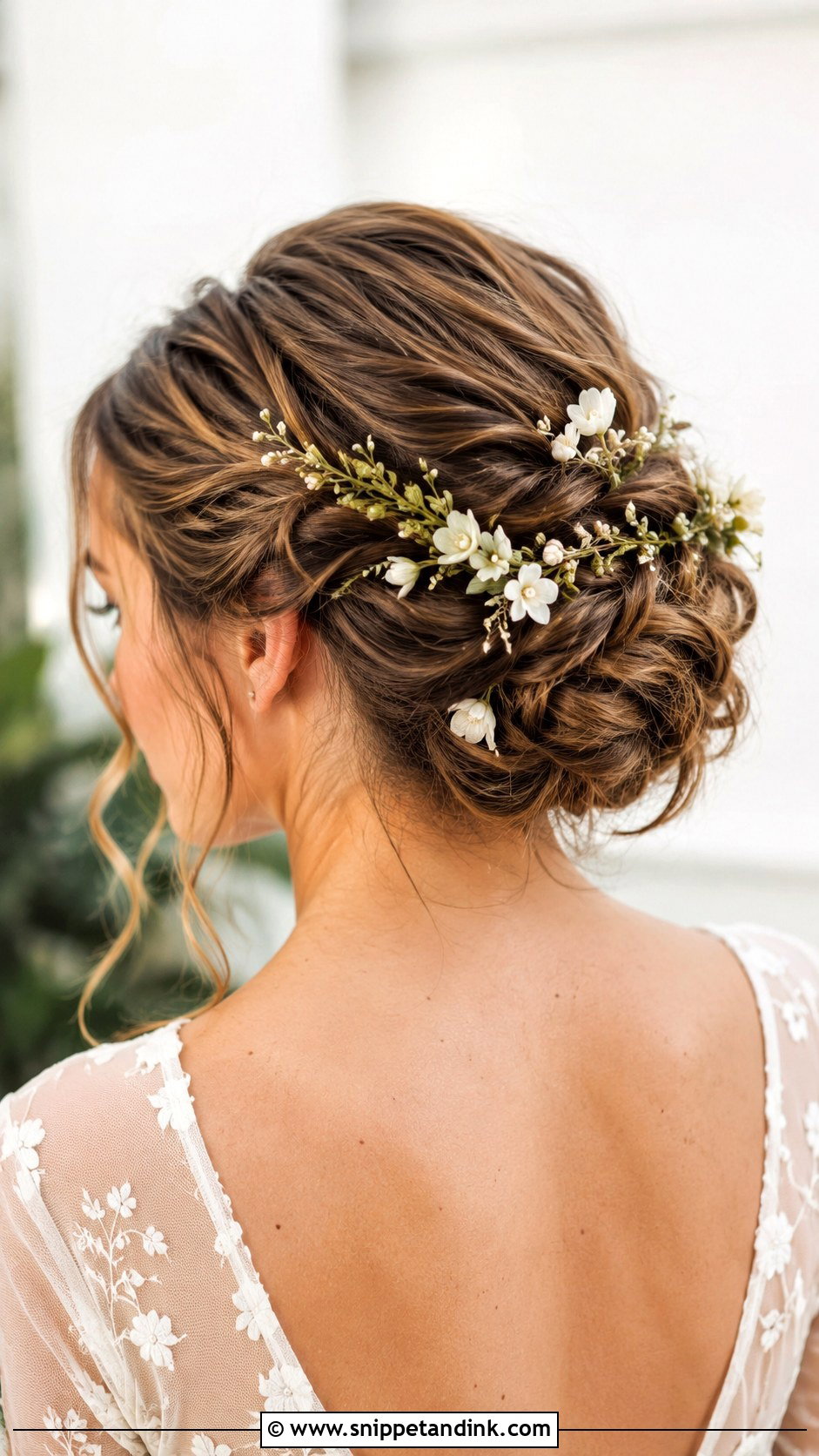 Brown Hair Updo With Floral Pins - Snippet and Ink - 20 Brown Hair Wedding Updo Ideas