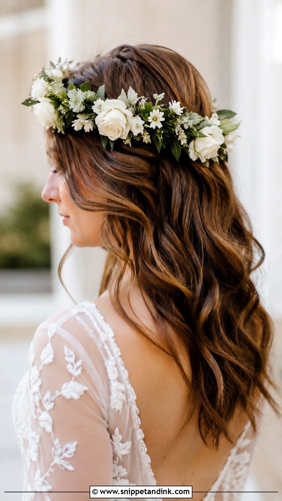 Brown Hair With Floral Crown - Snippet and Ink - 20 Brown Bridal Hair Ideas
