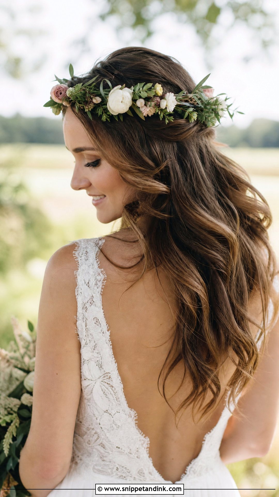 Brown Hair With Flower Crown - Snippet and Ink - 20 Wedding Hair Brown Ideas