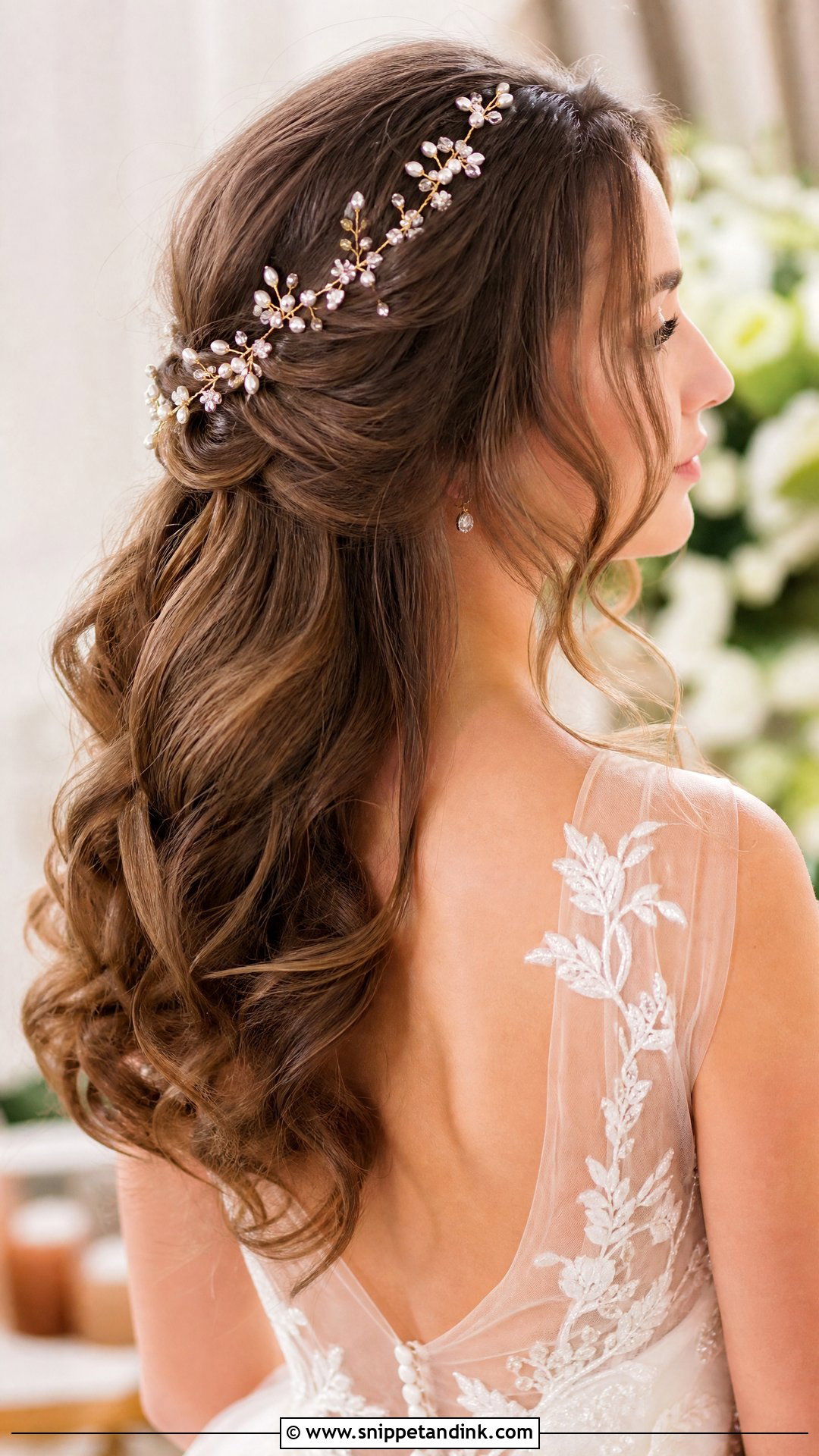 Brown Hair With Soft Curls and Hair Vine - Snippet and Ink - 20 Wedding Hair Brown Ideas