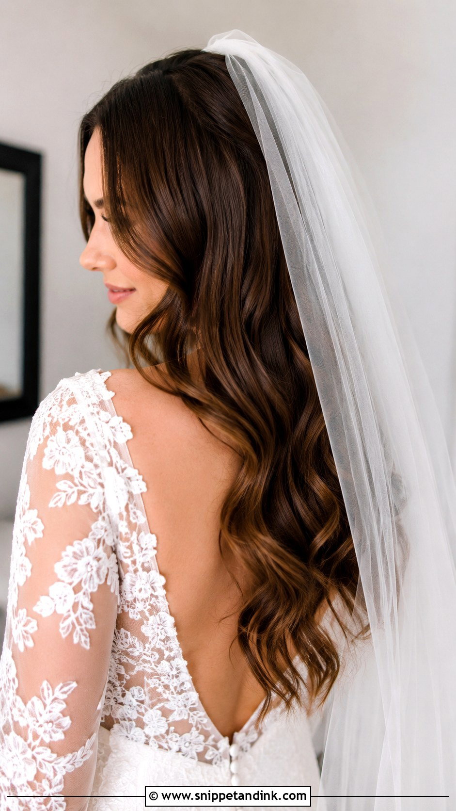 Brown Hair With Veil and Loose Waves - Snippet and Ink - 20 Brown Bridal Hair Ideas