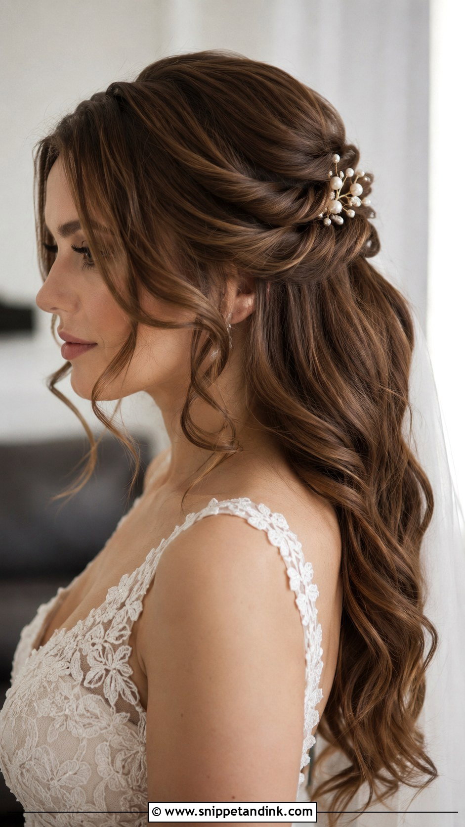 Brown Half Up Half Down Wedding Hair With Face Framing Pieces - Snippet and Ink - 20 Brown Half-Up Half-Down Wedding Hair Ideas