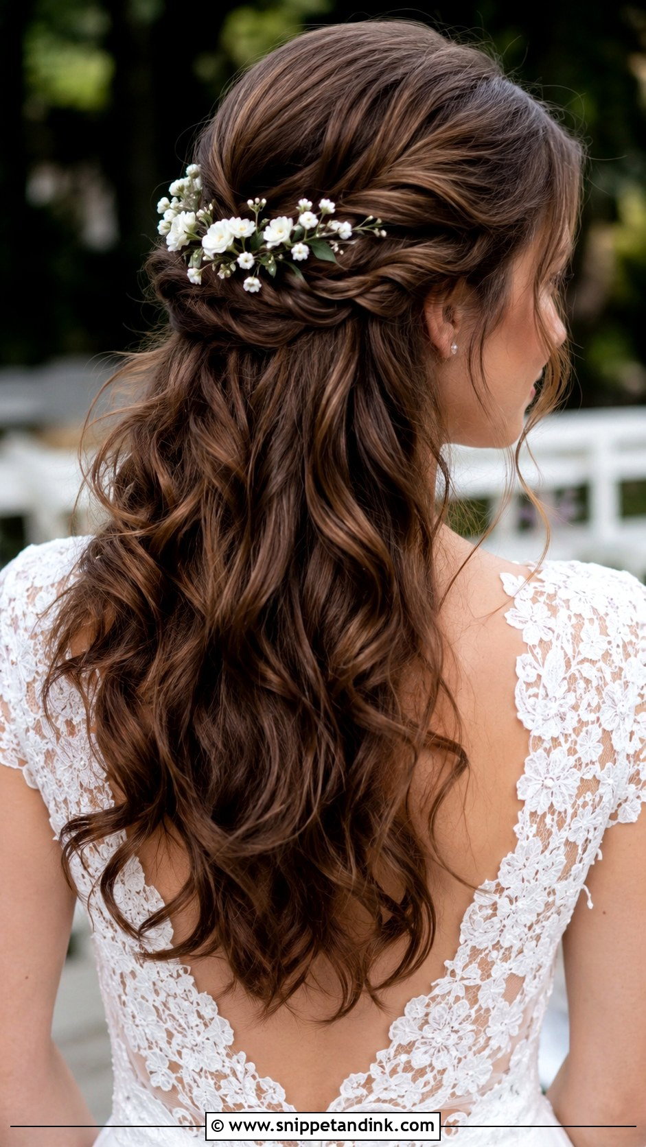 Brown Half Up Half Down Wedding Hair With Flowers - Snippet and Ink - 20 Brown Half-Up Half-Down Wedding Hair Ideas