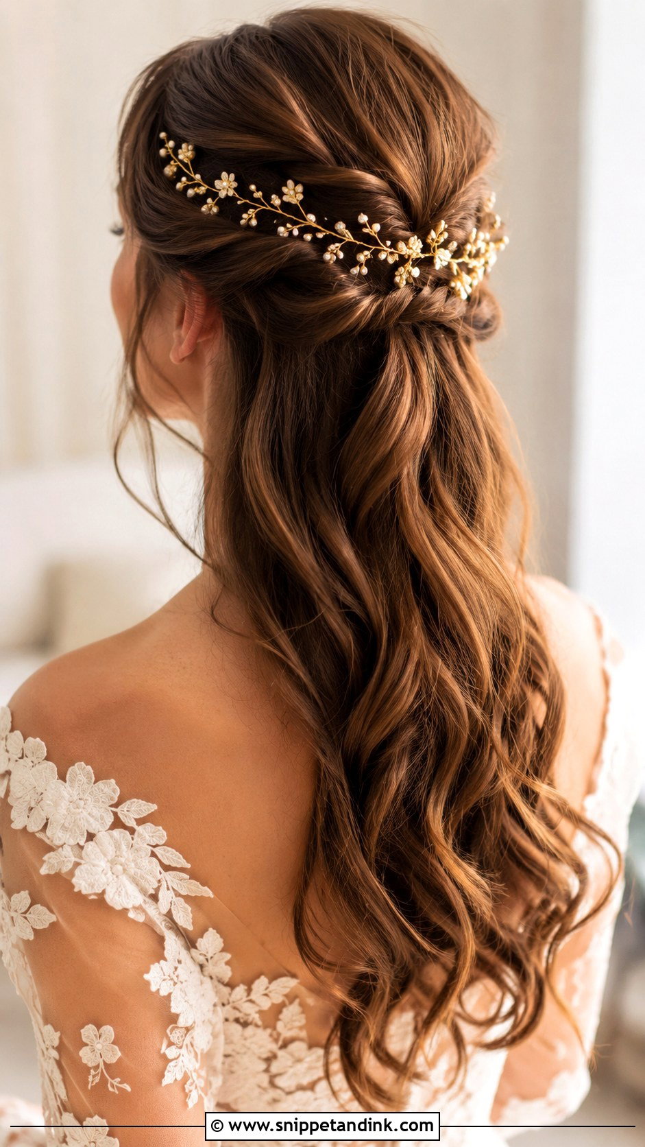 Brown Half Up Half Down Wedding Hair With Hair Vine - Snippet and Ink - 20 Brown Half-Up Half-Down Wedding Hair Ideas