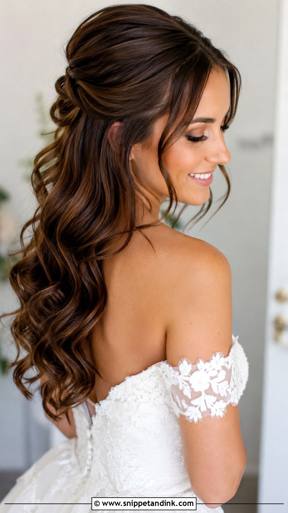 Brown Half Up Half Down Wedding Hair With Loose Curls - Snippet and Ink - 20 Brown Half-Up Half-Down Wedding Hair Ideas