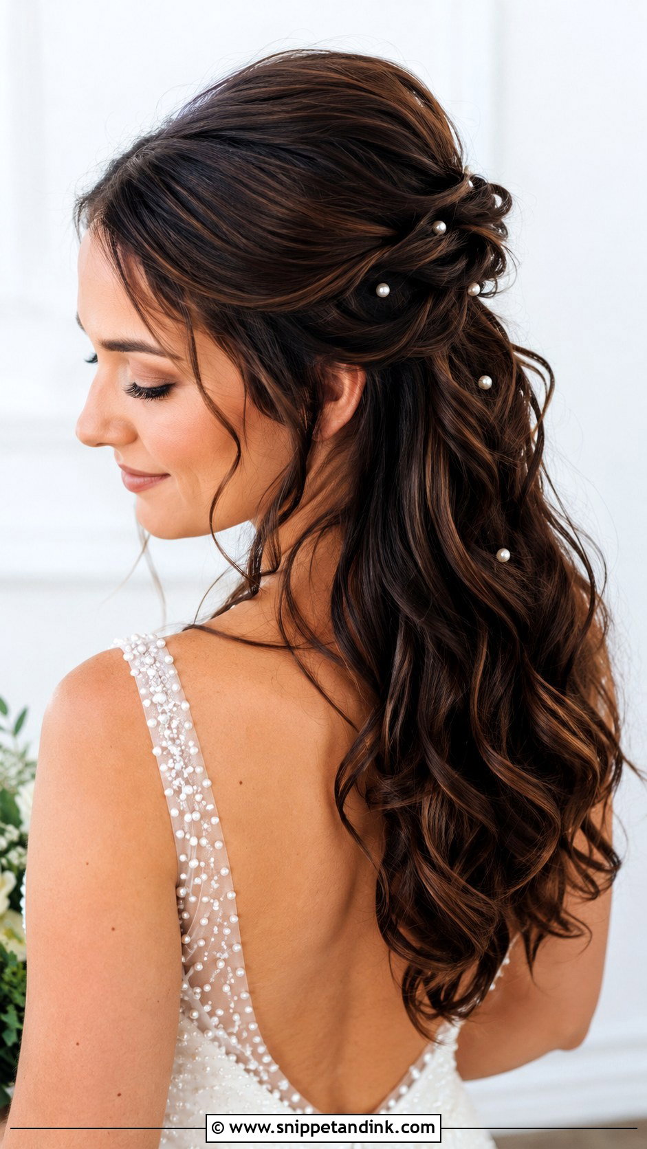 Brown Half Up Half Down Wedding Hair With Pearl Pins - Snippet and Ink - 20 Brown Half-Up Half-Down Wedding Hair Ideas