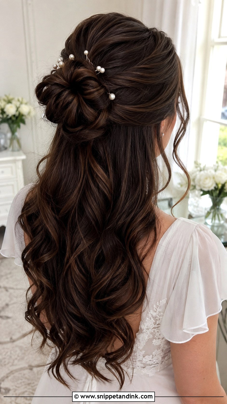 Brown Half Up Half Down Wedding Hair With Soft Bun - Snippet and Ink - 20 Brown Half-Up Half-Down Wedding Hair Ideas