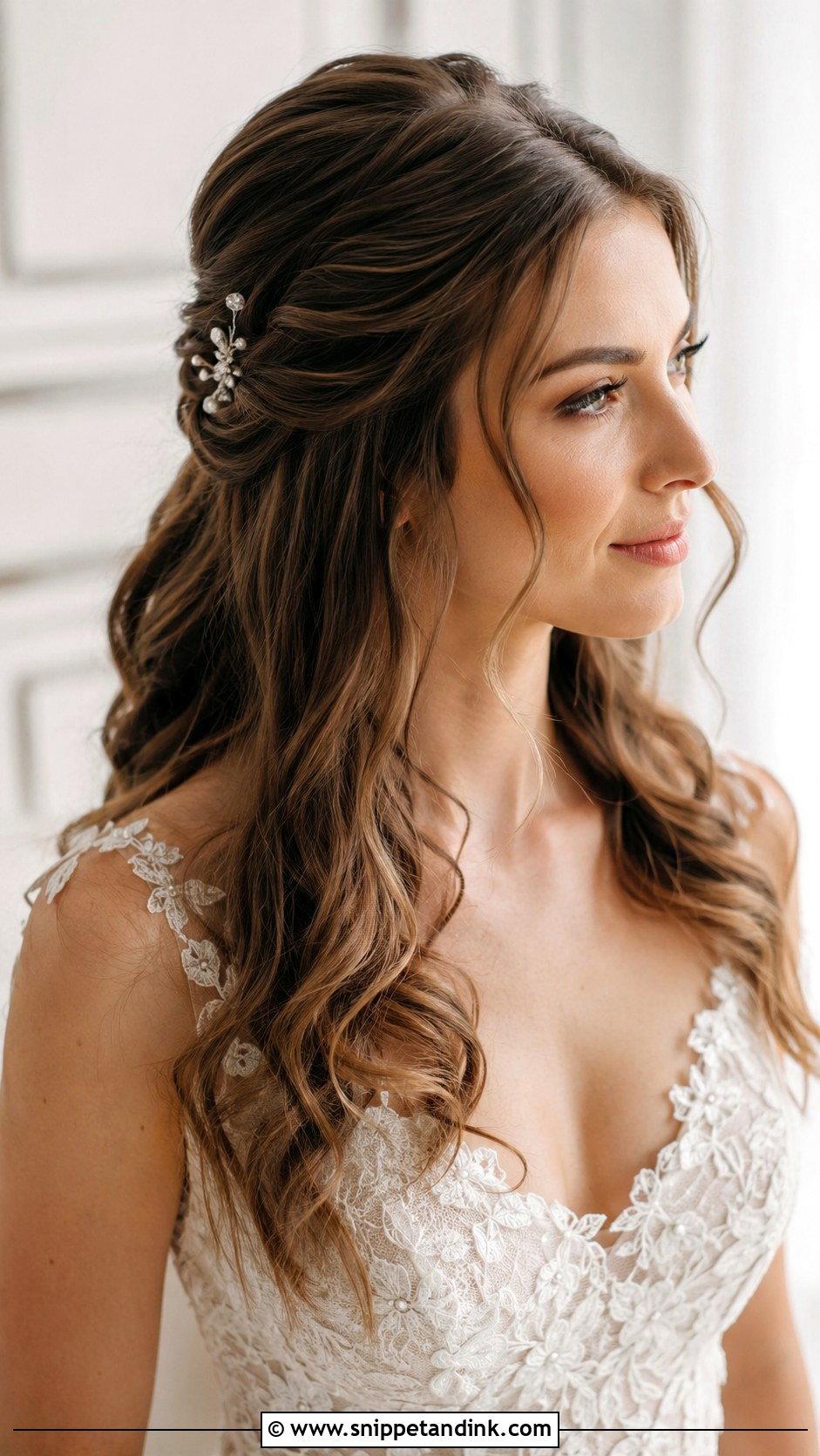 Brown Half Up Half Down With Soft Curls - Snippet and Ink - 20 Brown Bridal Hair Ideas