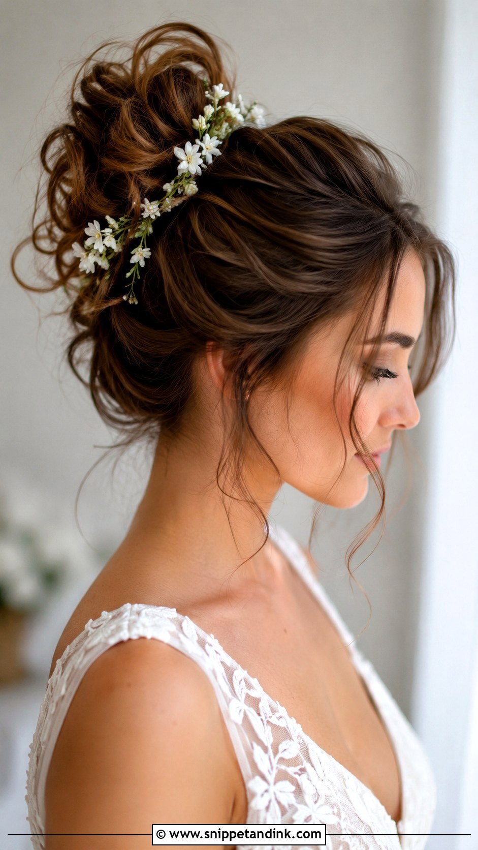 Brown Messy Bun Bridal Updo - Snippet and Ink - 20 Brown Bridal Hair Ideas