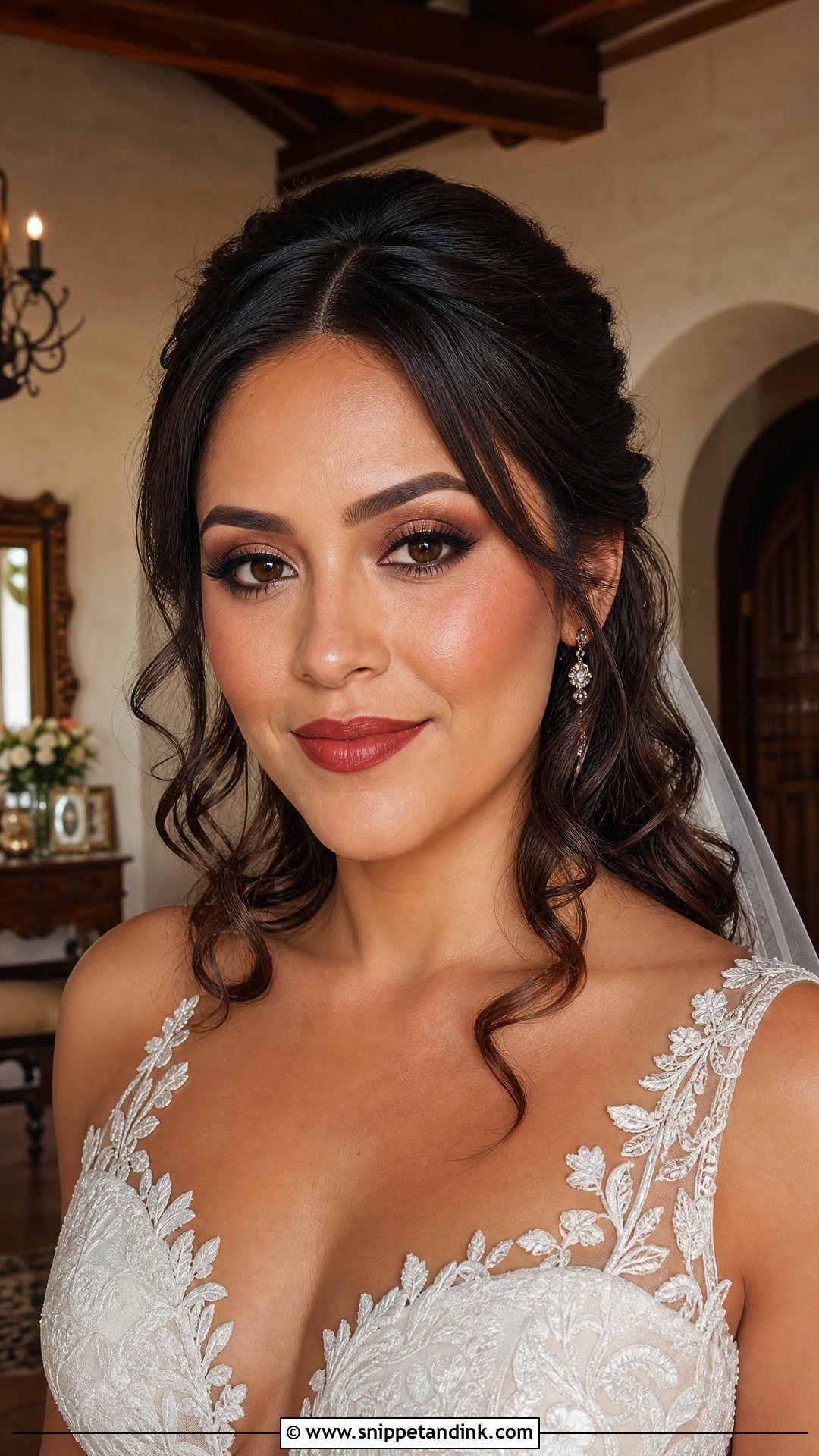 Brown Smokey Bridal Makeup With Red Lipstick - Snippet and Ink - 20 Bride Red Lipstick Ideas
