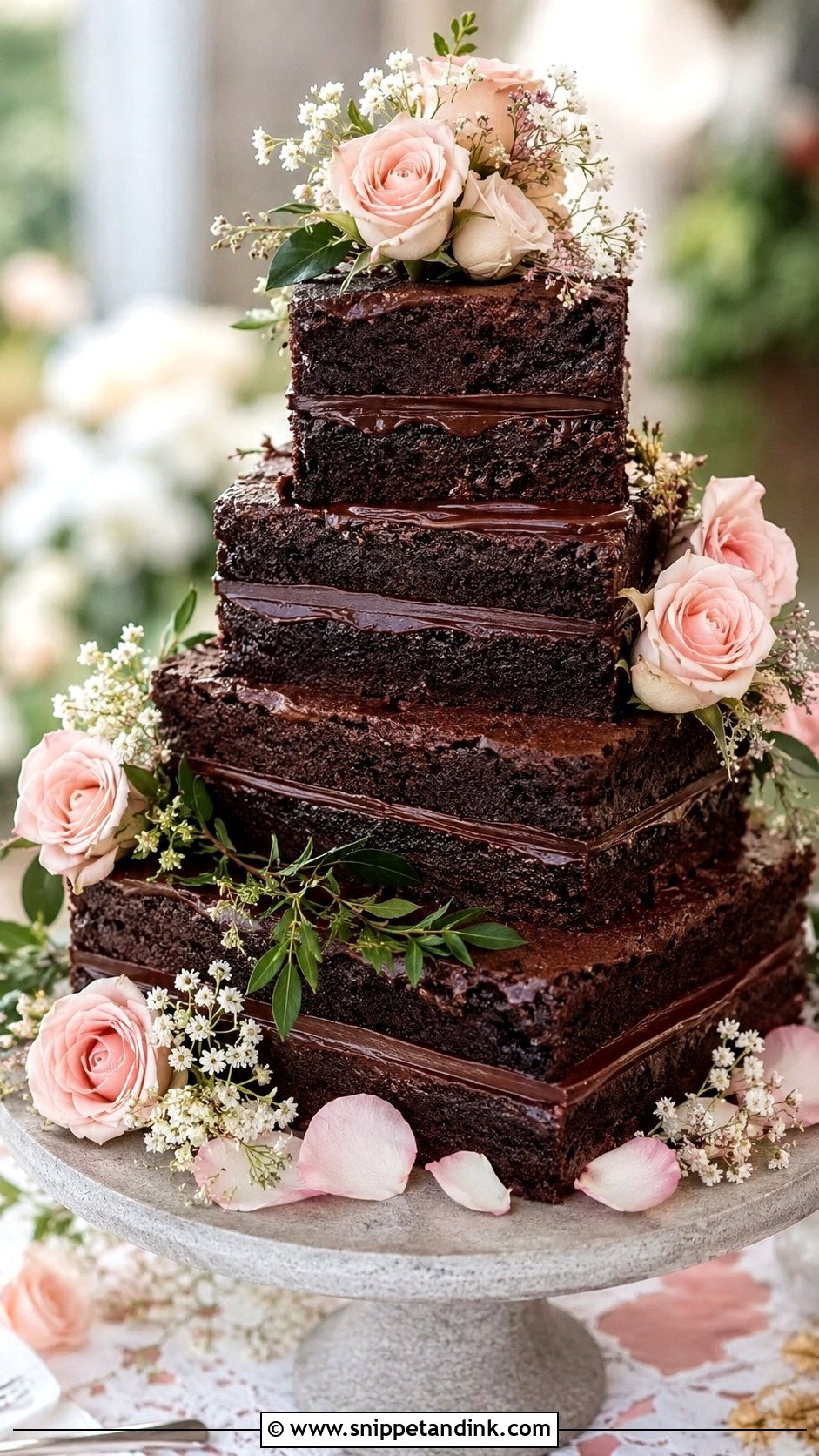 Brownie Wedding Cake With Fresh Flowers - Snippet and Ink - 20 Wedding Brownie Cake Ideas