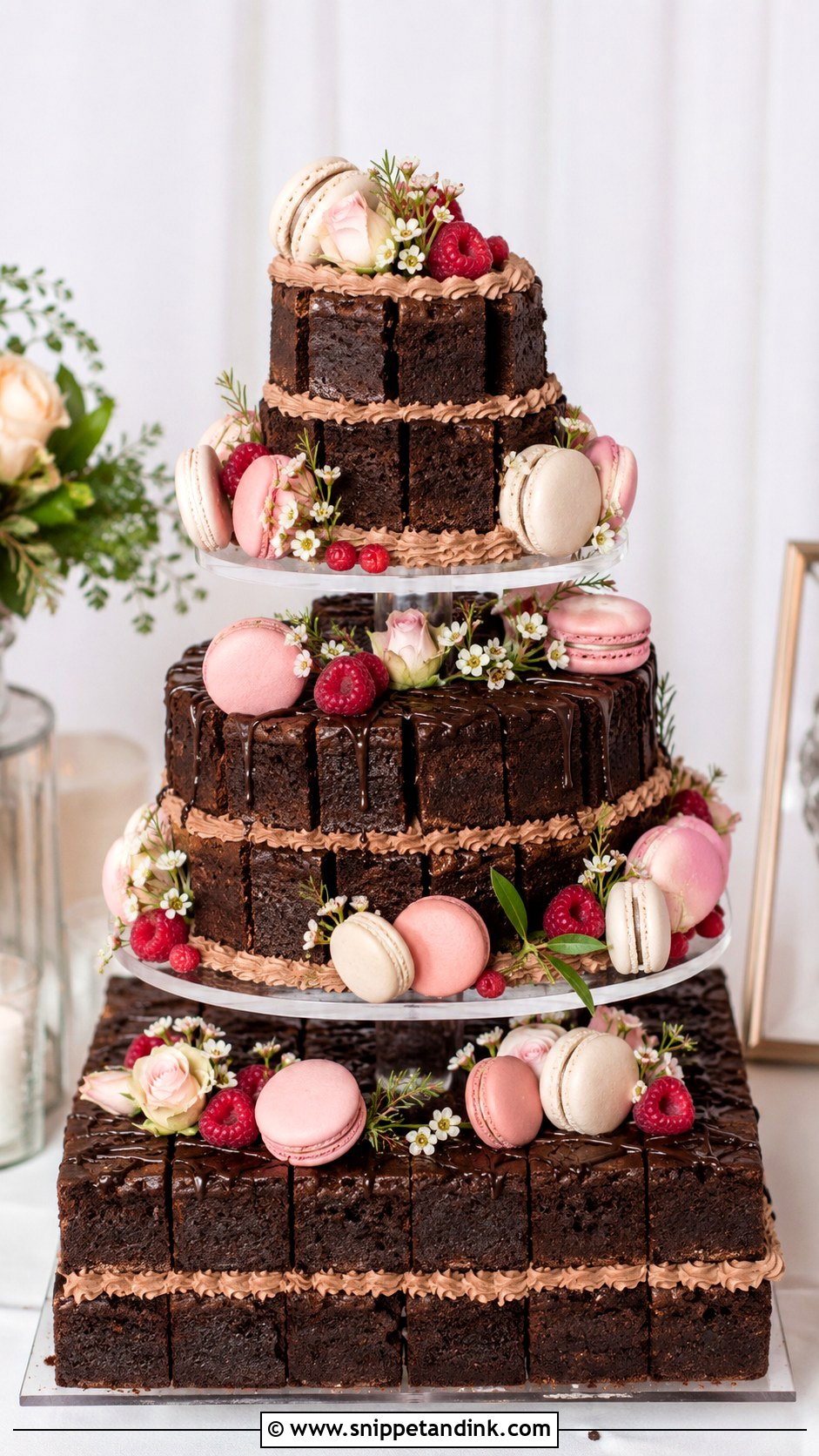 Brownie Wedding Cake With Macarons - Snippet and Ink - 20 Wedding Brownie Cake Ideas