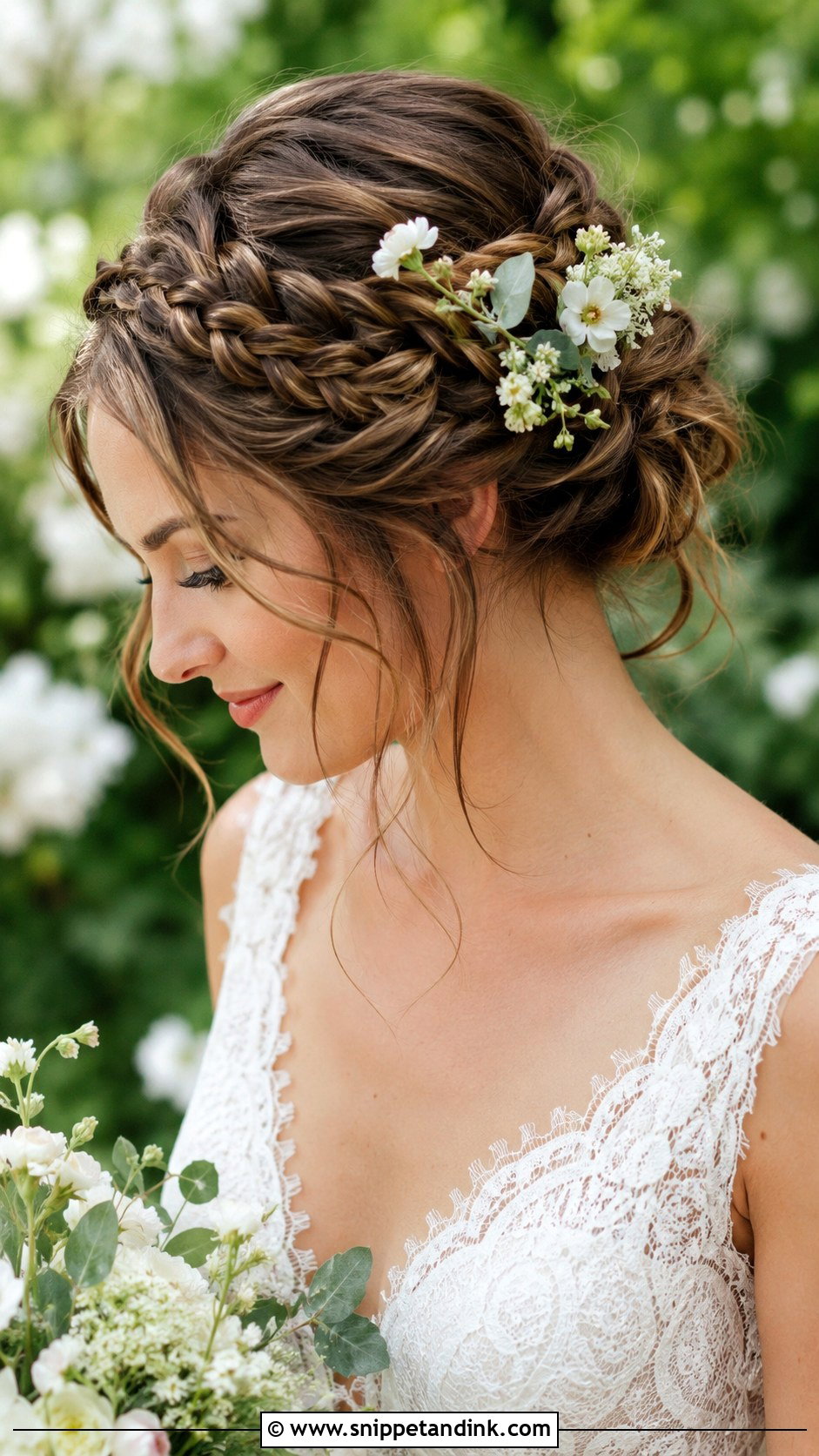 Brunette Braided Crown Wedding Hairstyle - Snippet and Ink - 25 Brunette Wedding Hairstyles