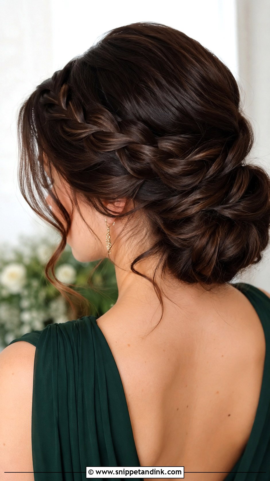 Brunette Braided Low Bun - Snippet and Ink - 20 Bridesmaid Hairstyles Brunette