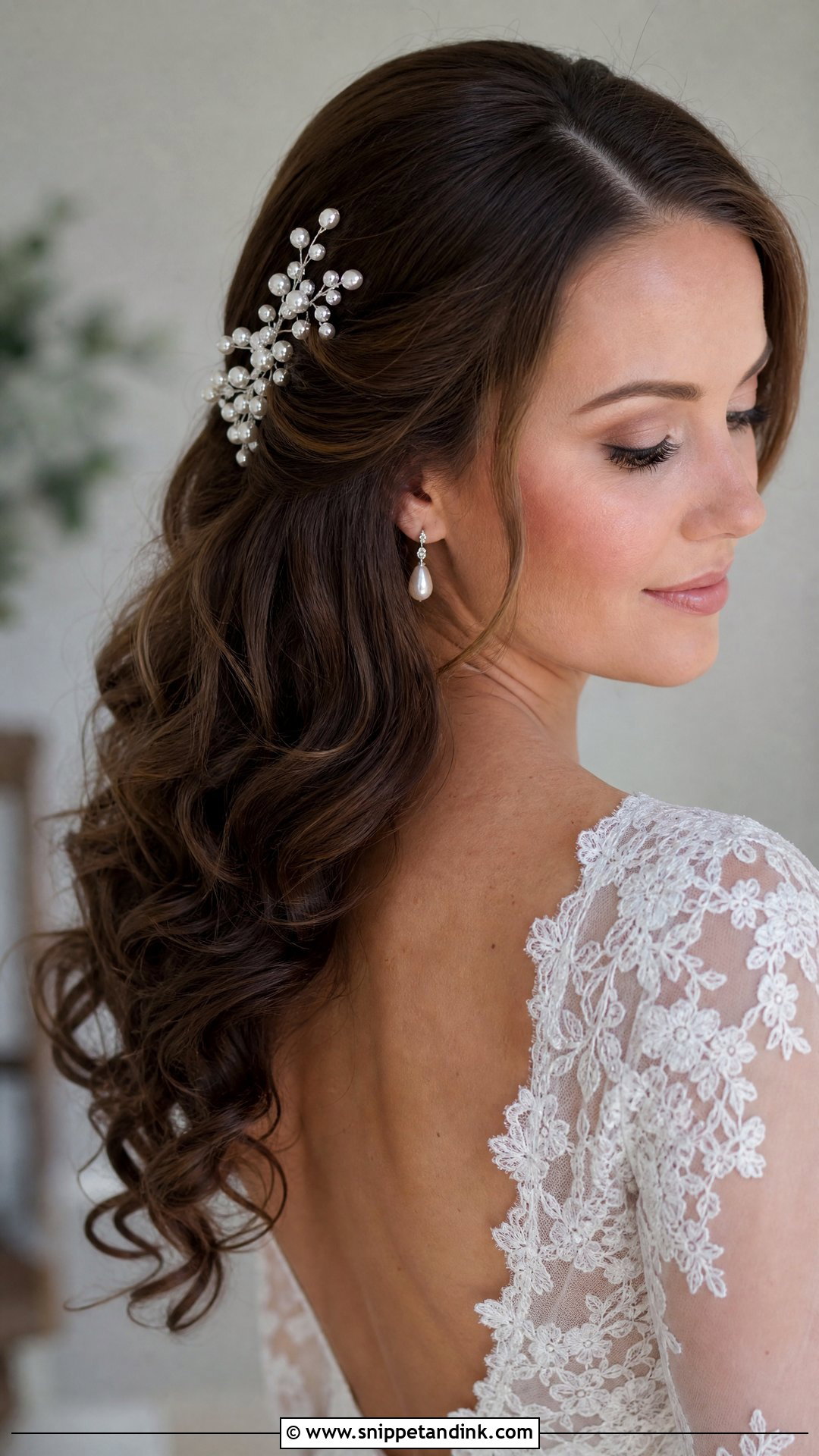 Brunette Bridal Hair Down With Pearl Pins - Snippet and Ink - 15 Brunette Bridal Hair Down Ideas