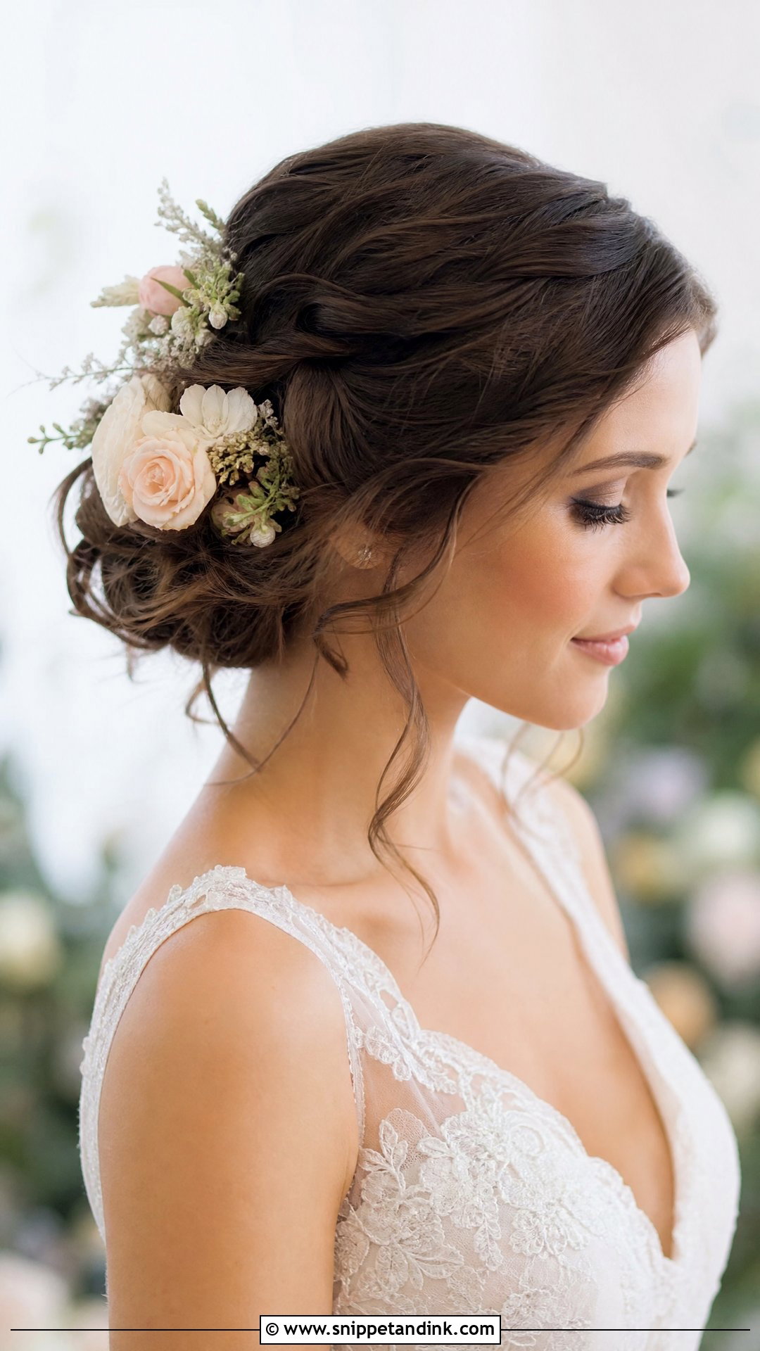 Brunette Bridal Updo With Flowers - Snippet and Ink - 15 Brunette Bridal Hair Updo Ideas