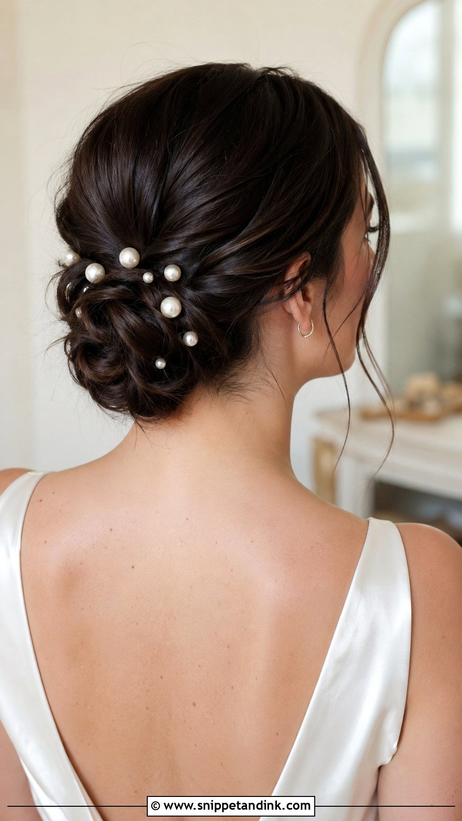 Brunette Chignon With Pearl Pins - Snippet and Ink - 25 Brunette Bridal Hair Ideas