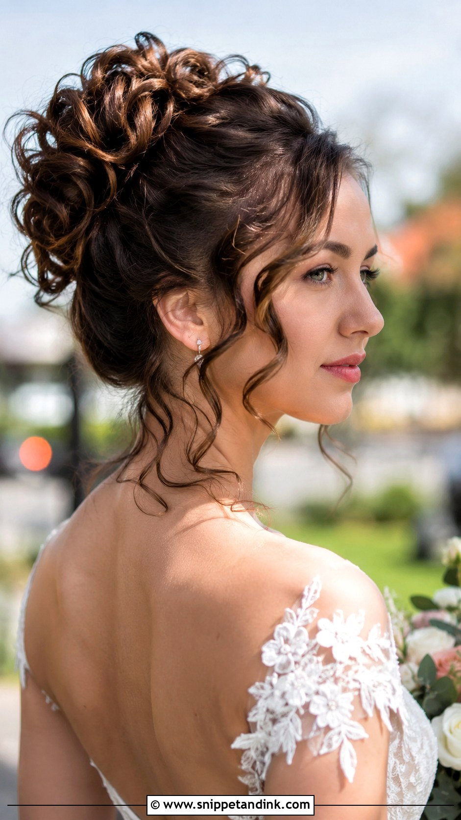 Brunette Curly Updo With Tendrils - Snippet and Ink - 25 Brunette Wedding Hairstyles