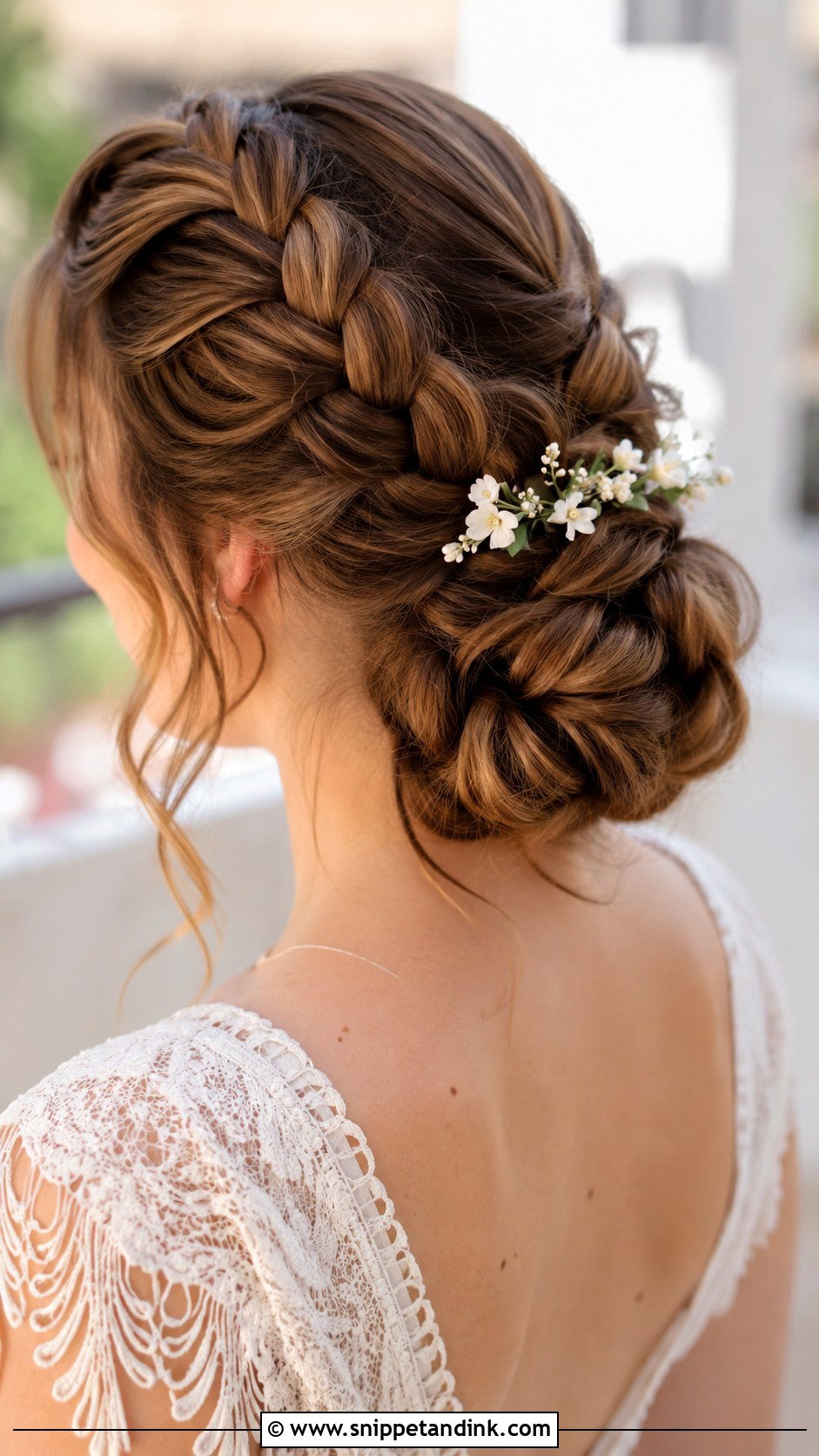 Brunette Dutch Braid Low Bun - Snippet and Ink - 25 Brunette Wedding Hairstyles