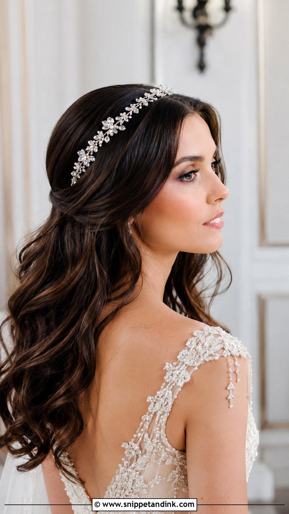 Brunette Hair With Crystal Headband - Snippet and Ink - 25 Brunette Bridal Hair Ideas