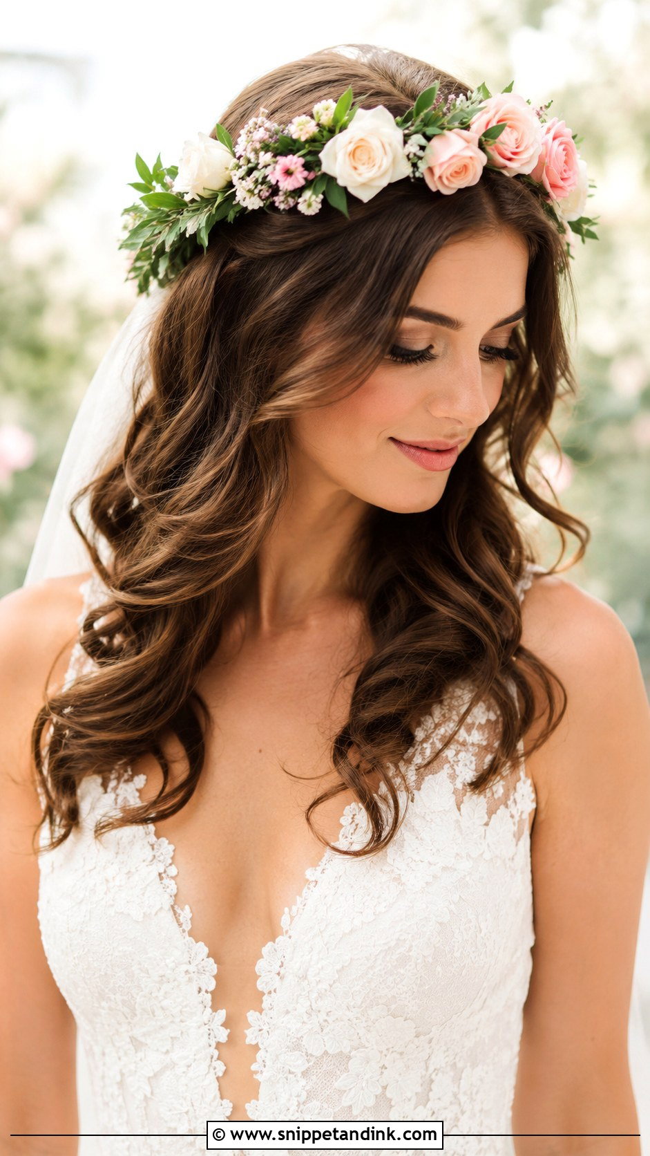 Brunette Hair With Floral Crown - Snippet and Ink - 25 Brunette Bridal Hair Ideas