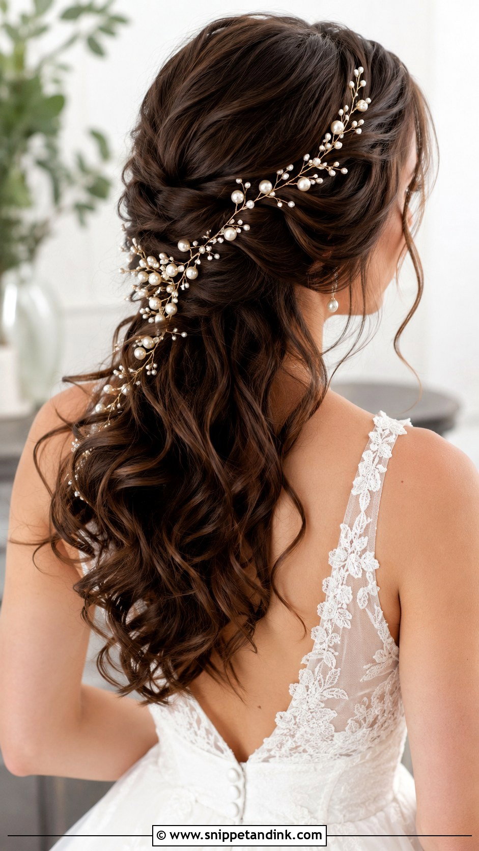 Brunette Hair With Pearl Hair Vine - Snippet and Ink - 25 Brunette Bridal Hair Ideas