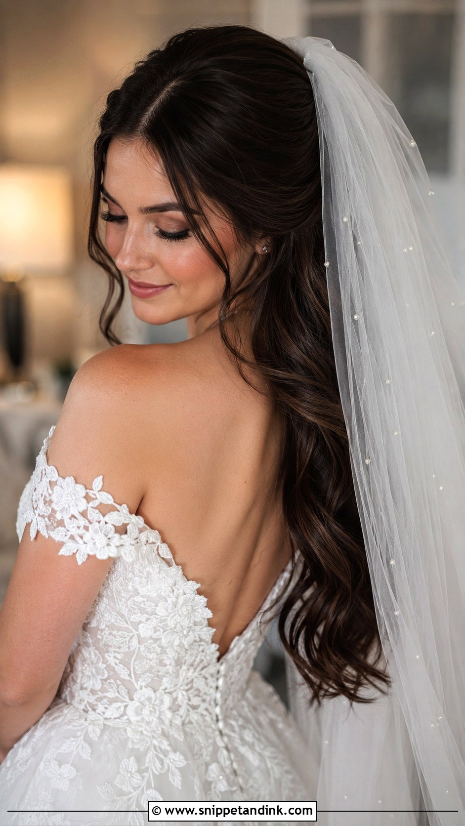 Brunette Hair With Veil and Waves - Snippet and Ink - 25 Brunette Bridal Hair Ideas