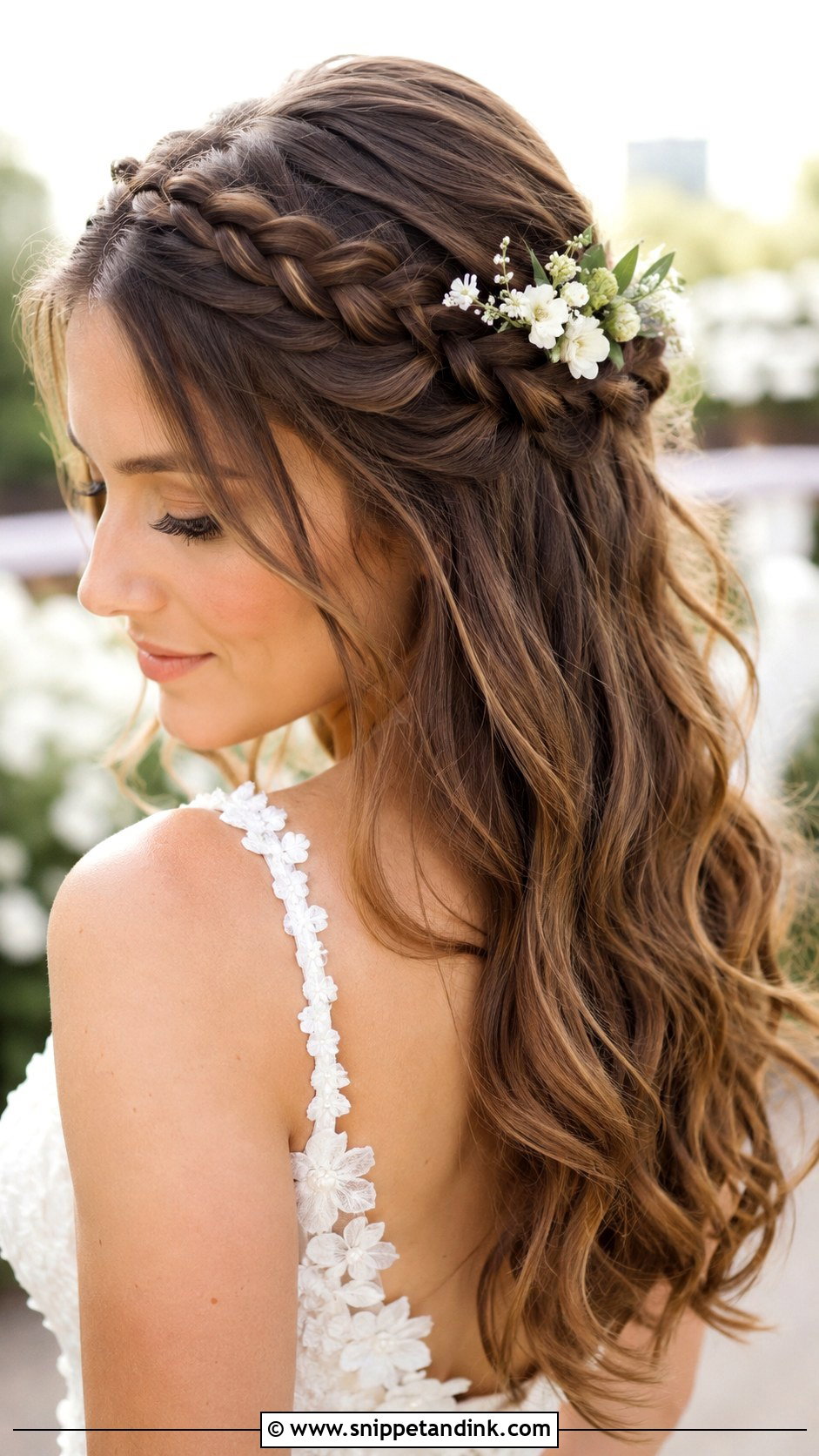 Brunette Half Up Braided Crown - Snippet and Ink - 25 Brunette Wedding Hairstyles