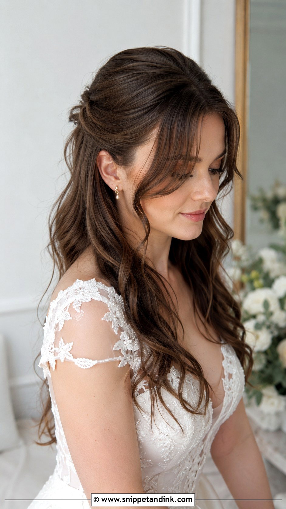 Brunette Half Up Curled With Bangs - Snippet and Ink - 20 Brunette Half-Up Bridal Hair Ideas