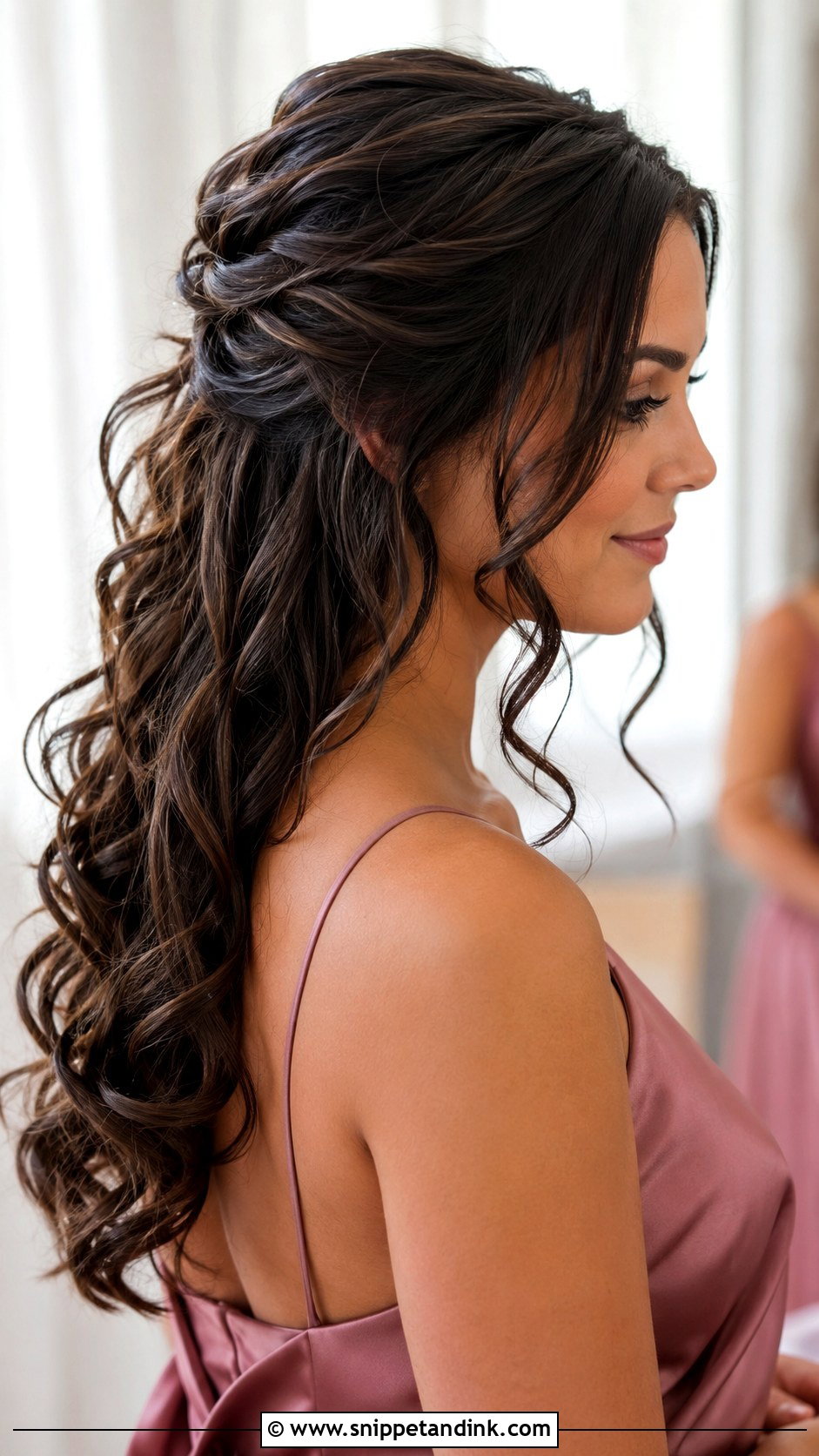 Brunette Half Up Half Down Bridesmaid Hair With Curls - Snippet and Ink - 20 Bridesmaid Hairstyles Half Up Half Down Brunette