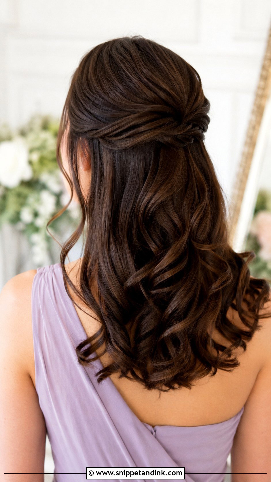 Brunette Half Up Half Down Bridesmaid Hair With Curly Ends - Snippet and Ink - 20 Bridesmaid Hairstyles Half Up Half Down Brunette
