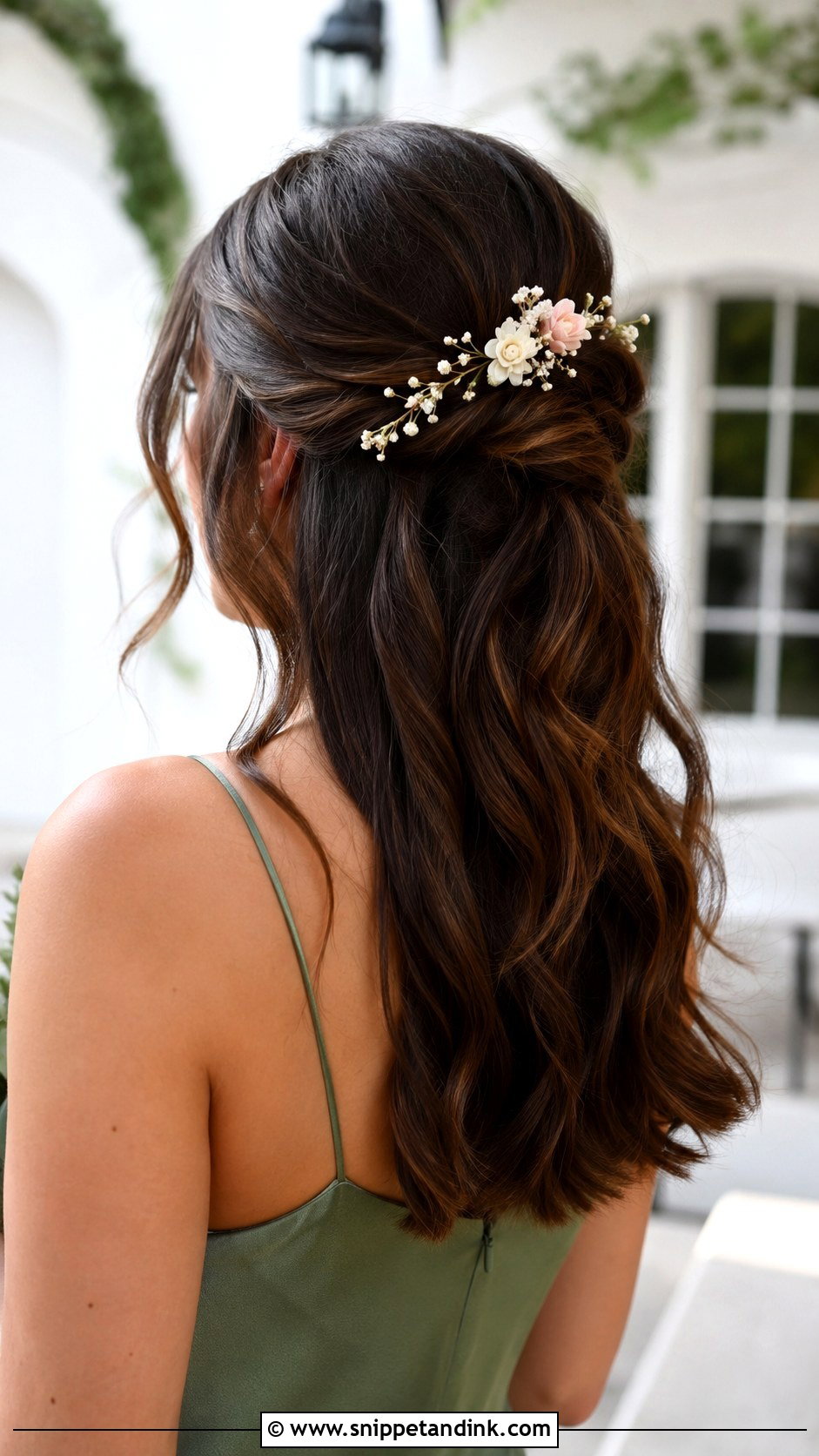 Brunette Half Up Half Down Bridesmaid Hair With Floral Pins - Snippet and Ink - 20 Bridesmaid Hairstyles Half Up Half Down Brunette