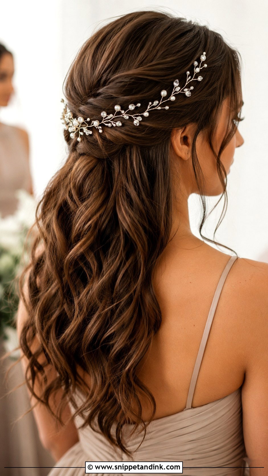 Brunette Half Up Half Down Bridesmaid Hair With Hair Vine - Snippet and Ink - 20 Bridesmaid Hairstyles Half Up Half Down Brunette