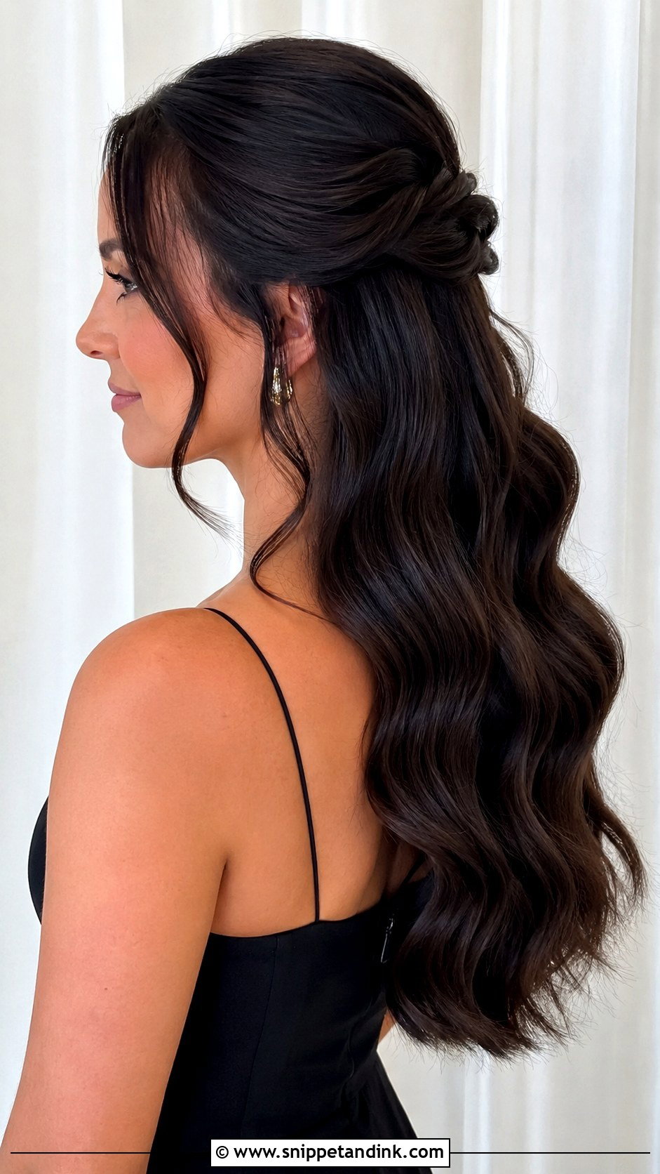 Brunette Half Up Half Down Bridesmaid Hair With Hollywood Waves - Snippet and Ink - 20 Bridesmaid Hairstyles Half Up Half Down Brunette