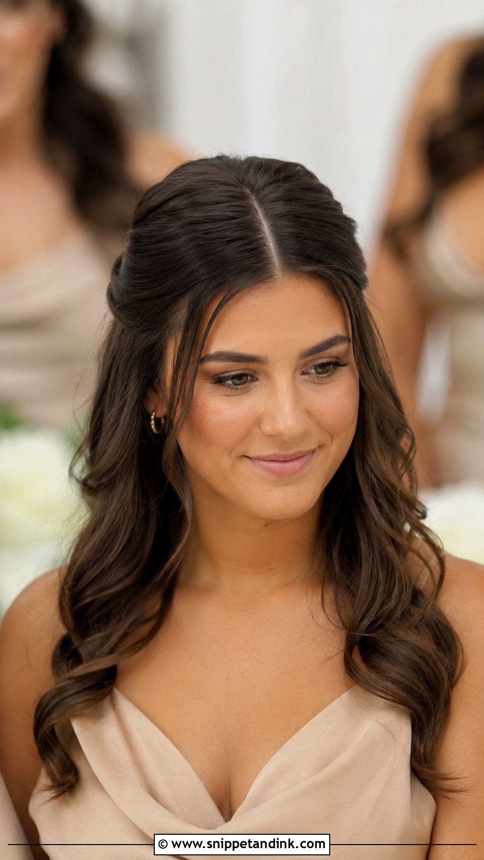 Brunette Half Up Half Down Bridesmaid Hair With Middle Part - Snippet and Ink - 20 Bridesmaid Hairstyles Half Up Half Down Brunette