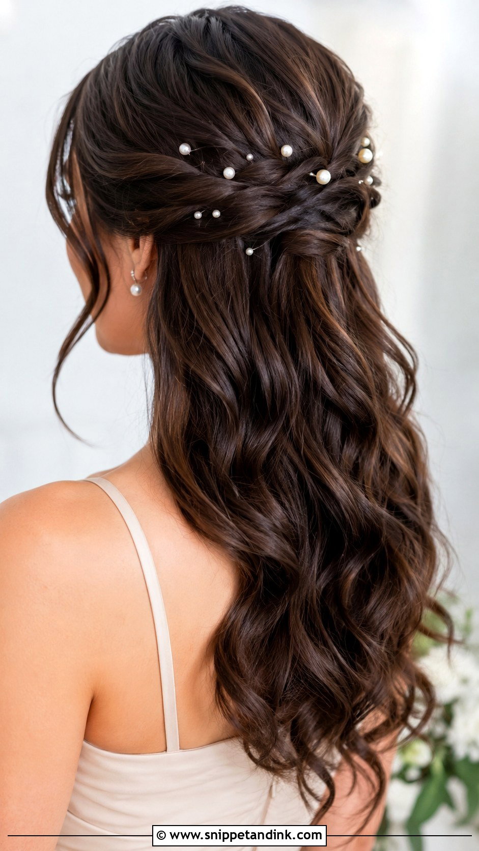 Brunette Half Up Half Down Bridesmaid Hair With Pearl Pins - Snippet and Ink - 20 Bridesmaid Hairstyles Half Up Half Down Brunette