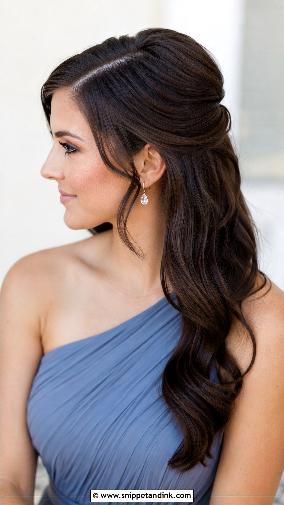 Brunette Half Up Half Down Bridesmaid Hair With Side Part - Snippet and Ink - 20 Bridesmaid Hairstyles Half Up Half Down Brunette