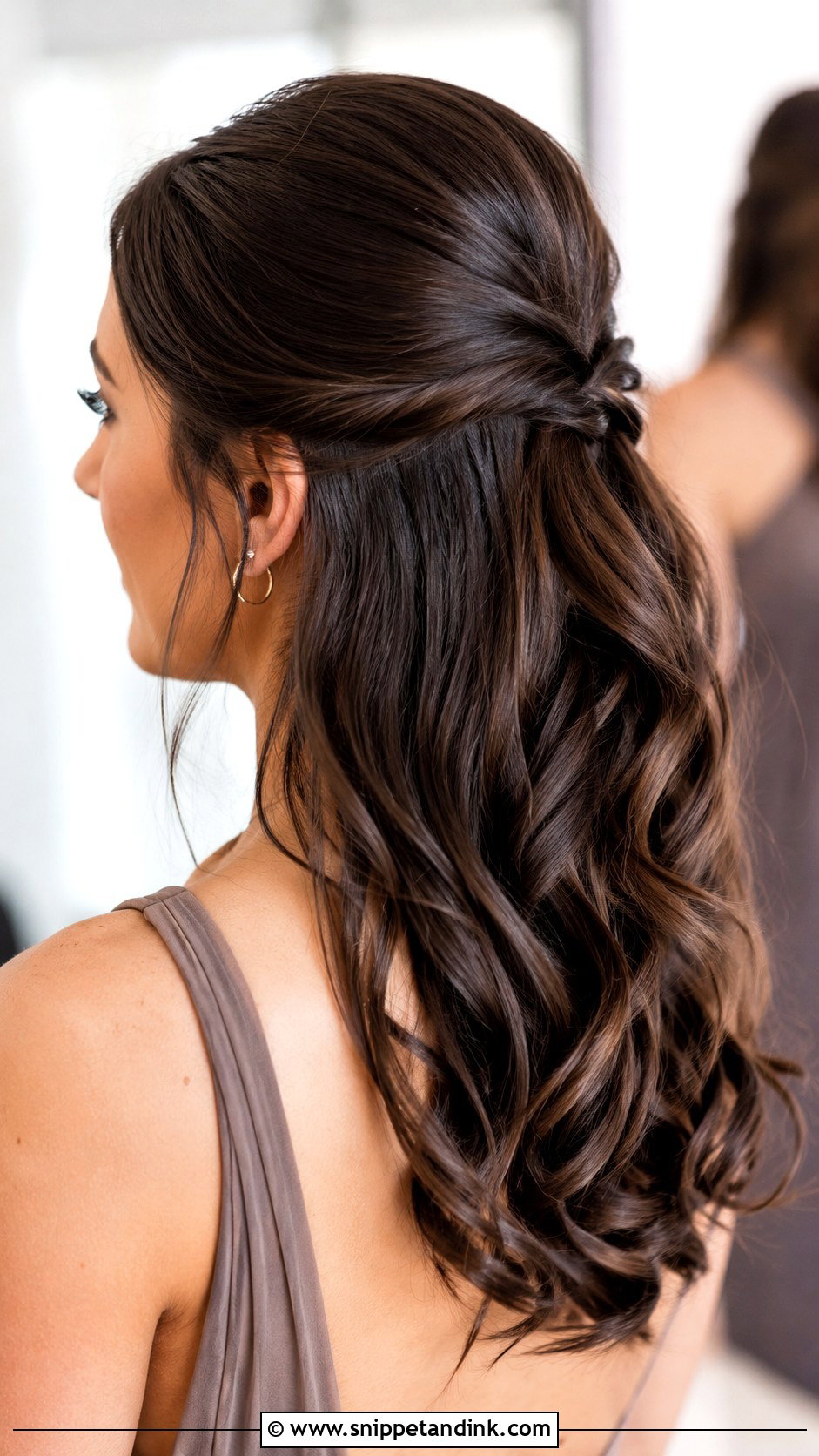 Brunette Half Up Half Down Bridesmaid Hair With Sleek Top - Snippet and Ink - 20 Bridesmaid Hairstyles Half Up Half Down Brunette