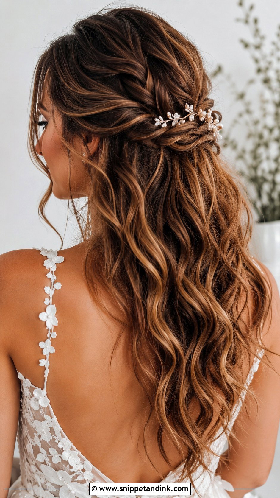Brunette Half Up Half Down With Boho Waves - Snippet and Ink - 25 Brunette Half-Up Half-Down Wedding Hair Ideas