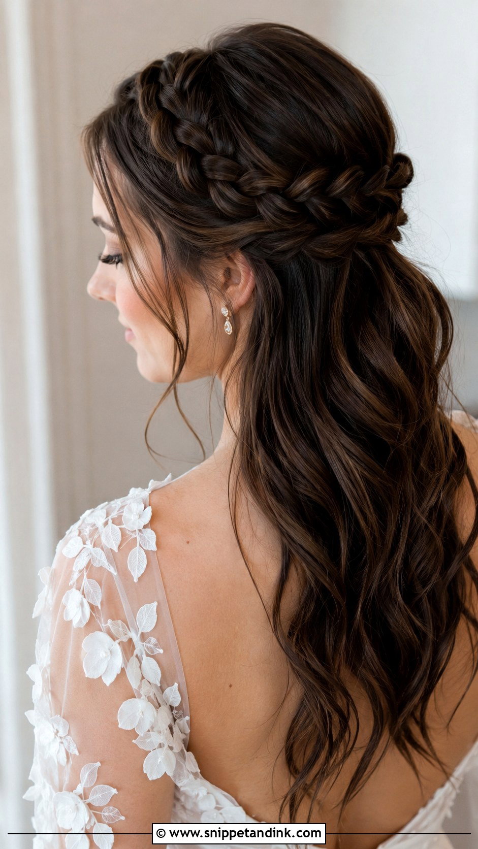 Brunette Half Up Half Down With Braided Crown - Snippet and Ink - 25 Brunette Half-Up Half-Down Wedding Hair Ideas