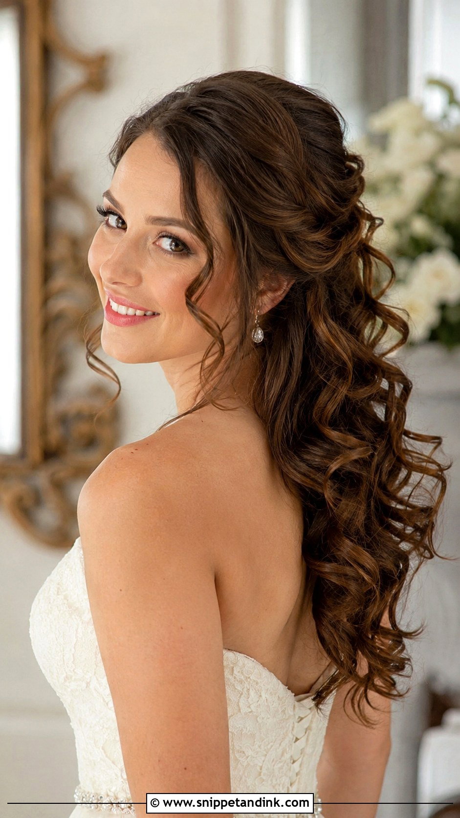Brunette Half Up Half Down With Curls - Snippet and Ink - 25 Brunette Half-Up Half-Down Wedding Hair Ideas
