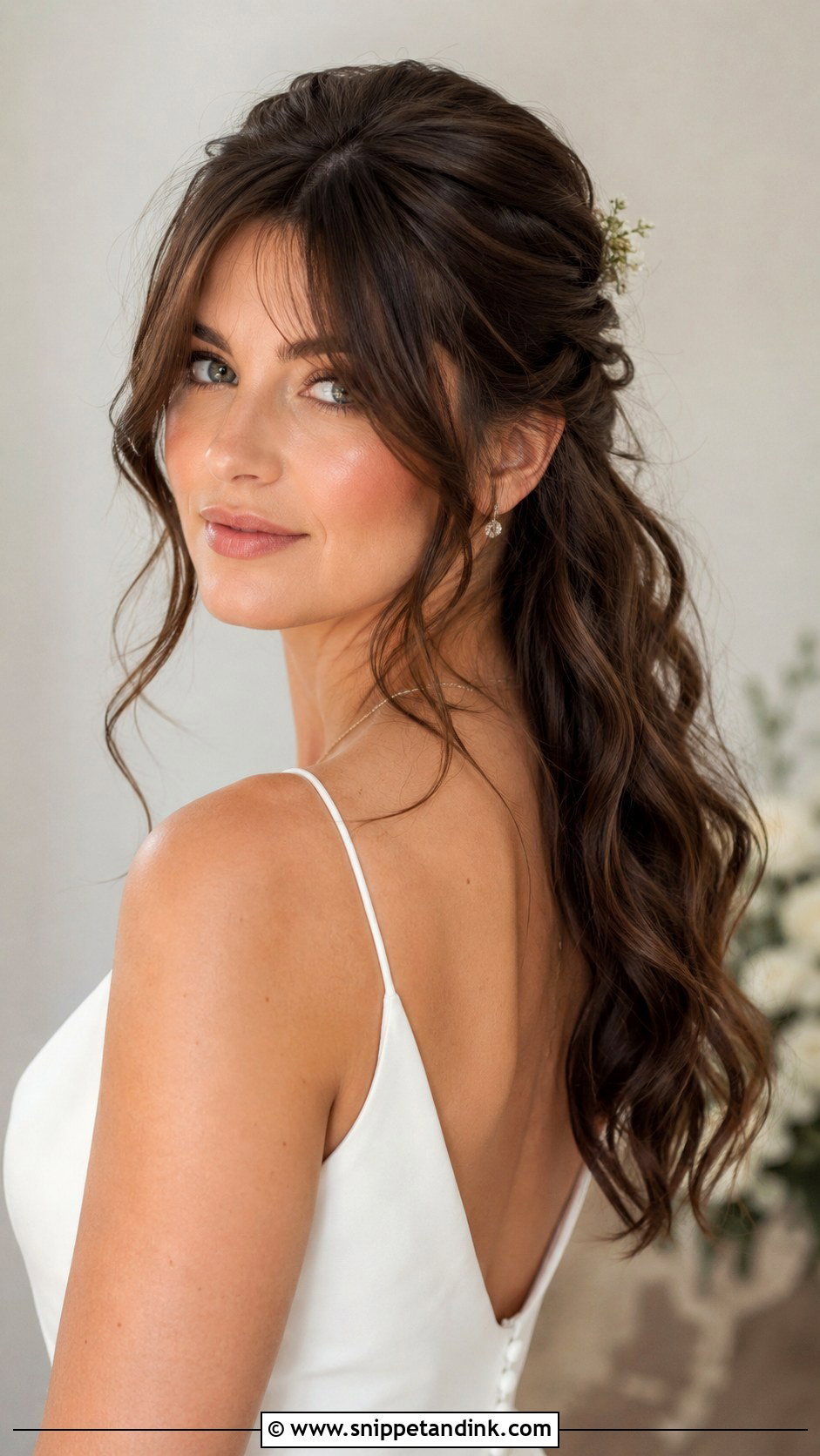 Brunette Half Up Half Down With Curtain Bangs - Snippet and Ink - 25 Brunette Half-Up Half-Down Wedding Hair Ideas
