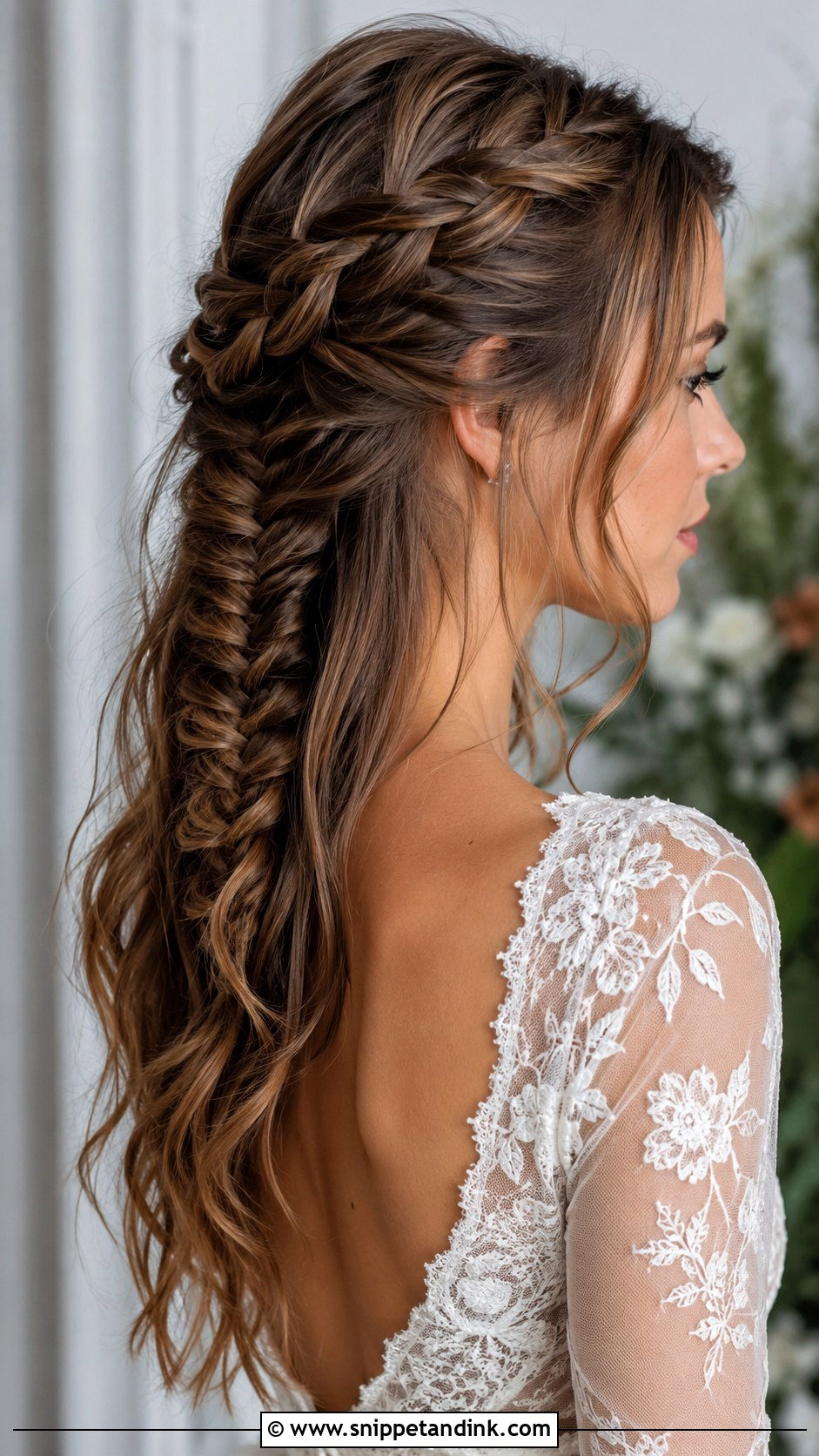 Brunette Half Up Half Down With Fishtail Braid - Snippet and Ink - 25 Brunette Half-Up Half-Down Wedding Hair Ideas