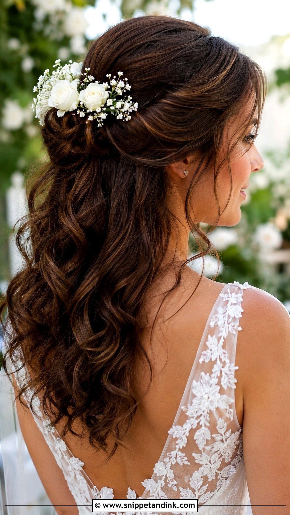 Brunette Half Up Half Down With Flowers - Snippet and Ink - 25 Brunette Half-Up Half-Down Wedding Hair Ideas