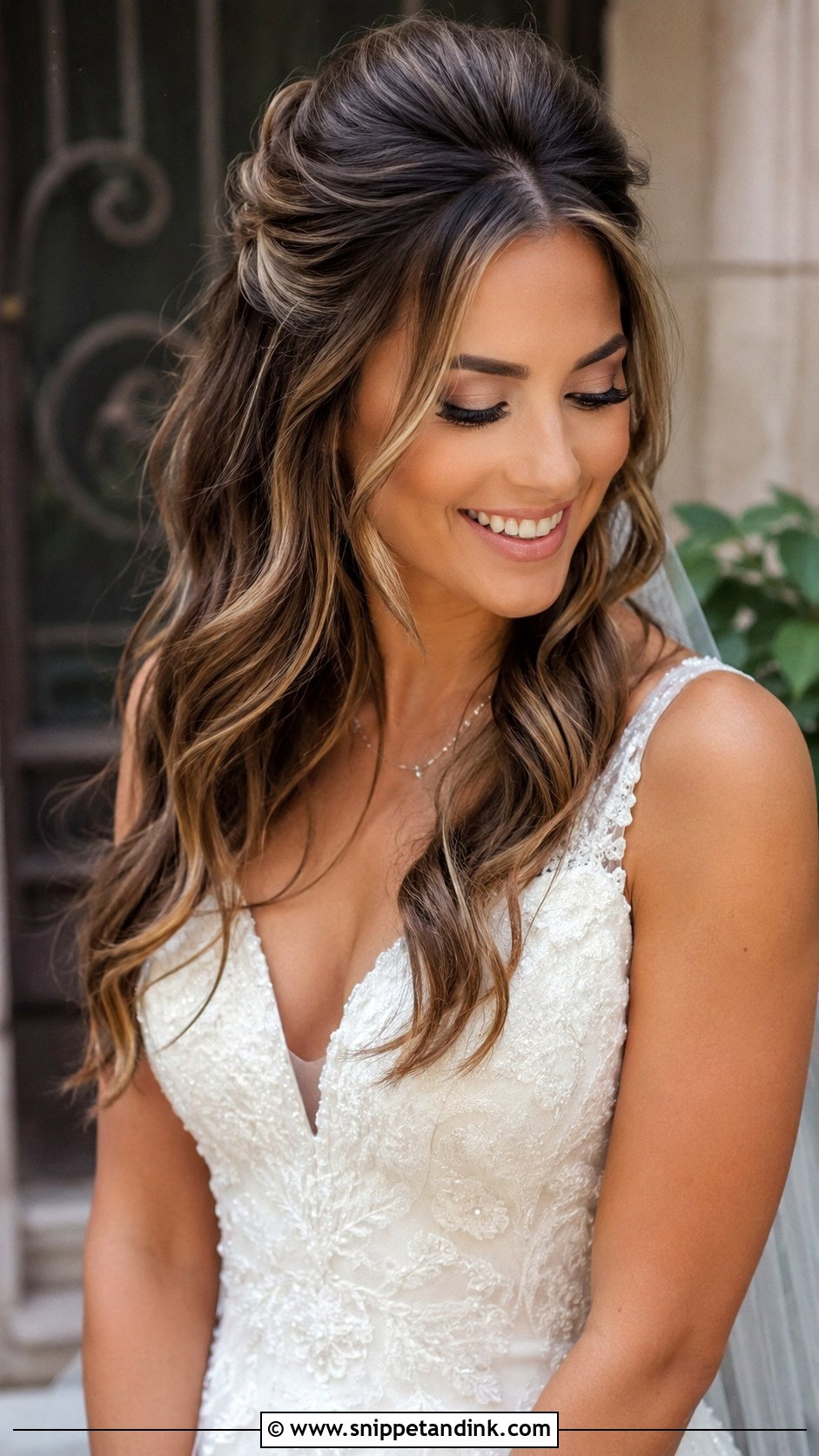 Brunette Half Up Half Down With Highlights - Snippet and Ink - 25 Brunette Half-Up Half-Down Wedding Hair Ideas